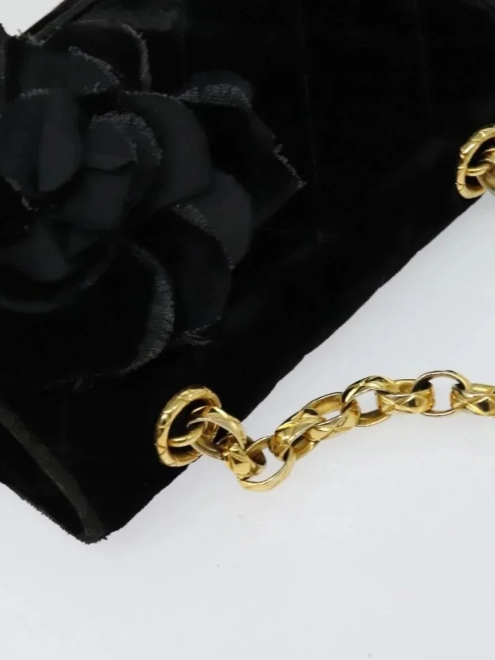 CHANEL Matelasse Camellia Chain Shoulder Bag Velor Black Gold CC Auth bs26015